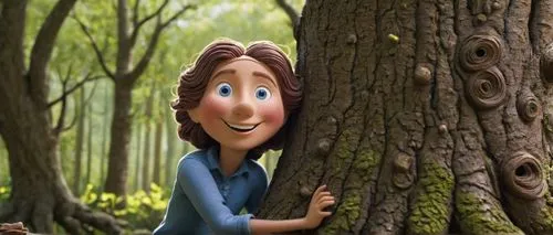 Claymation character, bright smile, white teeth, rosy cheeks, blue eyes, shiny eyebrows, messy brown hair, casual clothes, relaxed posture, leaning against a tree trunk, sunny afternoon, green forest,