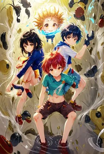 an anime scene with a bunch of young people,the three magi,tsunayoshi,gainax,rumiko,digidestined,ranma,Anime,Anime,Realistic