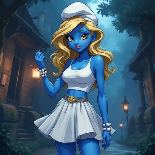  A reimagined, glamorous version of Smurfette. She is portrayed with an elegant, sophisticated appearance, wearing a white stylish, form-fitting top and a skirt that highlights her curves. Her look in