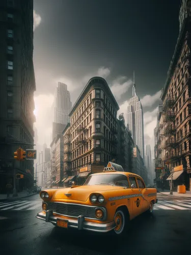 new york taxi,yellow taxi,volvo amazon,taxi cab,opel record coupe,dodge dart,dodge super bee,karmann ghia,yellow cab,new york streets,volvo 140 series,volvo p1800,aronde,digital compositing,pontiac te