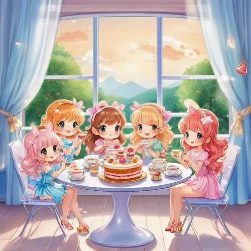 tea party,doll kitchen,lily family,birthday banner background,tea party collection,doll's festival,sweet table,little angels,birthday party,romantic dinner,chibi children,kawaii children,family picnic,chibi kids,together and happy,afternoon tea,family dinner,a family harmony,picnic,pink family,Illustration,Japanese style,Japanese Style 01