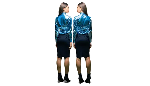 Symmetrical, reflective, mirrored, identical twins, identical faces, same hairstyle, same clothes, same pose, standing back to back, facing away, 3/4 composition, central perspective, softbox lighting