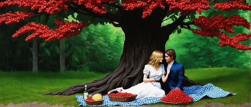 Imagine a romantic scene where two lovers share a picnic under a tree bearing juicy mountain ash berries.,chestnut tree with red flowers,cherry tree,red riding hood,little red riding hood,fantasy pict