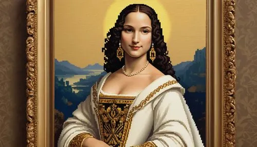 mona lisa,the mona lisa,cleopatra,custom portrait,artemisia,portrait background,cepora judith,gold frame,romantic portrait,art deco frame,leonardo da vinci,ancient egyptian girl,golden frame,vinci,venetia,renaissance,lacerta,mary 1,isabella,portrait of christi,Unique,Pixel,Pixel 01