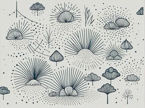 a painting with plants and clouds in the background,umbrella pattern,botanical line art,cactus line art,dandelion parachute ball,pine cone pattern,dandelion background,Illustration,Black and White,Bla