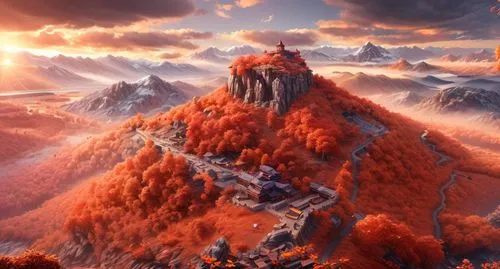 tirith,erebor,fantasy landscape,autumn mountains,mountainous landscape,mountain scene