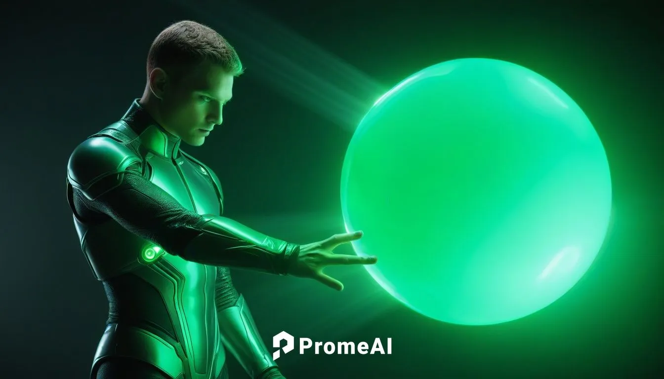 a man in green clothes holding onto the glowing sphere,orb,hal,sinestro,patrol,vados,technosphere