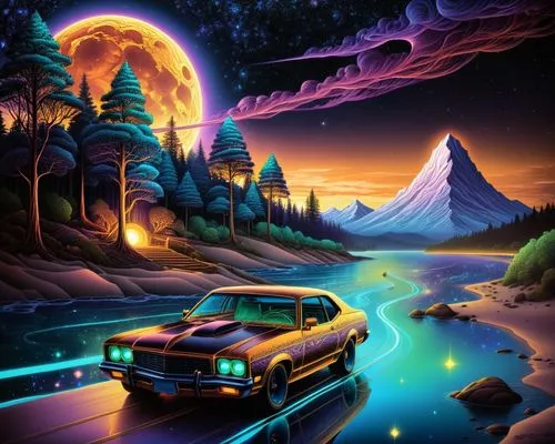 this car is driving down the road at night,futuristic landscape,3d car wallpaper,delorean,retro background,car wallpapers,fantasy landscape,Illustration,Realistic Fantasy,Realistic Fantasy 25