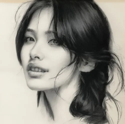 黑色头发,a pencil drawing of a girl with a very nice hairdow,charcoal pencil,charcoal drawing,pencil drawing,pencil drawings,graphite,charcoal,Illustration,Black and White,Black and White 35