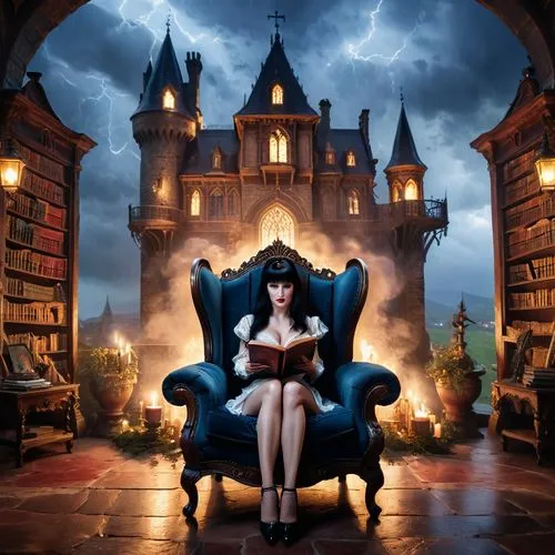 fantasy picture,gothic portrait,bibliophile,headmistress,fantasy art,elvira,Photography,General,Commercial