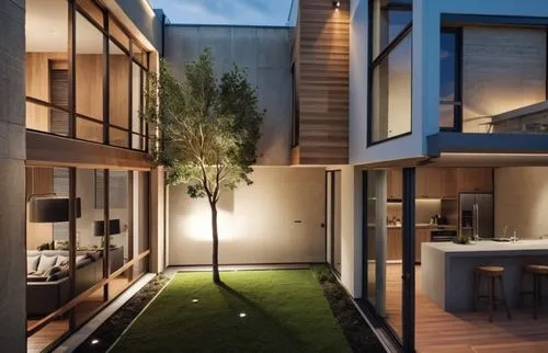 a modern home with trees and lights on the courtyard,garden design sydney,landscape design sydney,landscape designers sydney,cubic house,modern house,smart home,Photography,General,Realistic