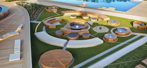 Laminated wood decking curved shapes,garden design sydney,landscape design sydney,3d rendering,firepit,fire pit,artificial grass,roof garden,roof domes,play area,igloos,landscape designers sydney,mode