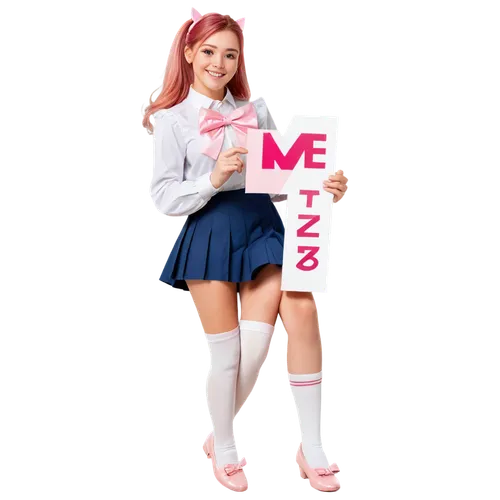 Cute girl, pink hair, ponytail, big bow, sweet smile, sparkling eyes, rosy cheeks, white blouse, pleated skirt, knee-high socks, Mary Jane shoes, holding a pink letter, close-up, soft focus, warm ligh