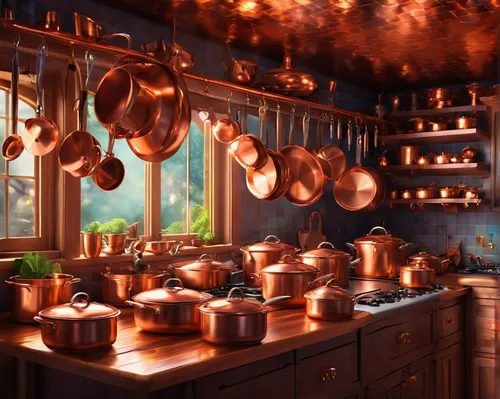 Set the scene of a cozy kitchen filled with gleaming copper pots and pans.,copper cookware,copper utensils,victorian kitchen,cookware and bakeware,pots and pans,vintage kitchen,tile kitchen,cooking ut