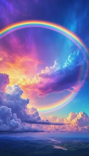 雲と虹のあるrainbow colored skyの絵, So colorful and heavenly, mysterious rainbow halo, bright rainbow halo, rainbow cloudss, colors of heaven, Introducing Space Cloudscape, clear rainbow galaxy stormy sea, r