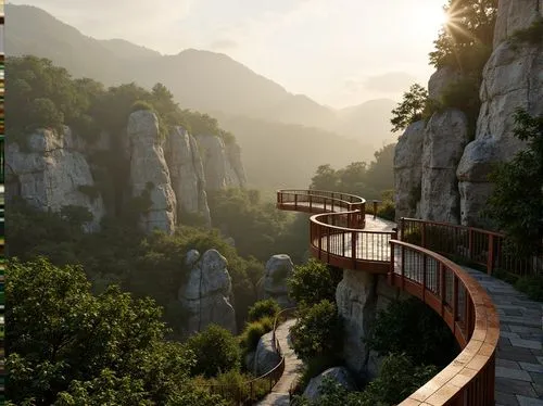 tigers nest,wudang,scenic bridge,rivendell,cliffside,huashan,cryengine,adventure bridge,hushan,dragon bridge,ravine,huangshan,walkway,overlook,wooden bridge,cliffsides,hiking path,zhangjiajie,huangshan mountains,ravines