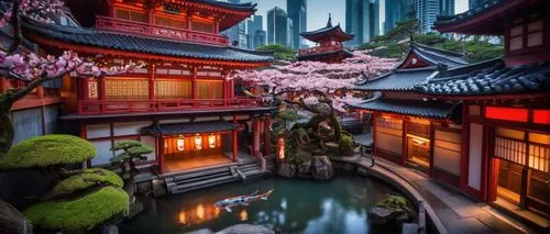 Traditional Japanese temple, intricate wooden carvings, curved tiled roofs, vibrant vermilion red walls, golden accents, serene natural surroundings, moss-covered stone steps, tranquil koi pond, gentl