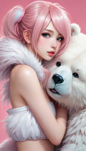 samoyed,white bear,polar,angora,kawaii panda,kitsune,eskimo,fantasy portrait,pink background,white fur hat,white-pink,pink-white,furta,arctic fox,alpaca,ursa,bichon frisé,fluffy diary,wolf couple,white pink,Conceptual Art,Fantasy,Fantasy 03