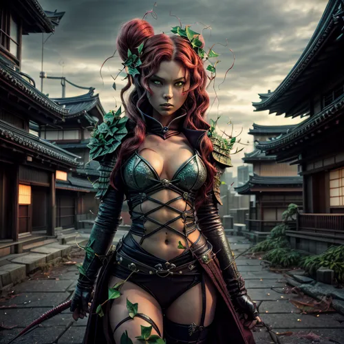 Feudal Japanese Warpunk Poison Ivy,poison ivy,ivy,female warrior,warrior woman,background ivy,the enchantress,cosplay image,asian costume,fantasy woman,katana,fantasy warrior,jade flower,medusa,orient