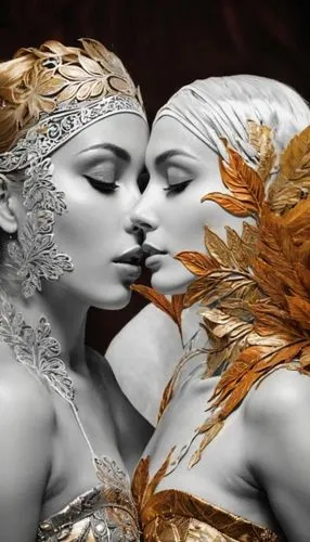 a couple of women kissing each other over lipstick,bayadere,garamantes,concubine,masques,kismet,amantes,gold filigree,golden mask,masquerading,gold leaf,bodypainting,headdresses,mother kiss,golden wed