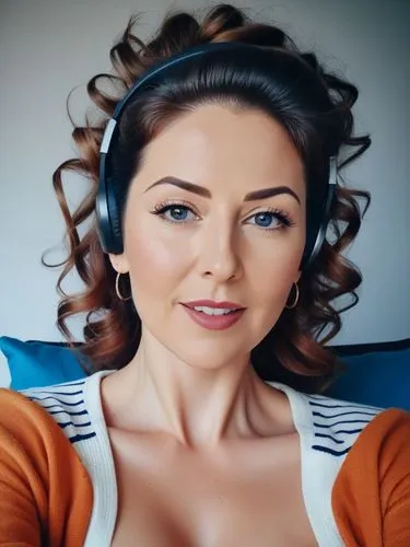 a woman with headphones is sitting down,retro woman,biljana,dempsie,giulia,karavaeva,seoige