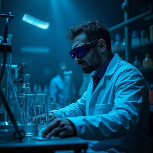 Dark blue Prussian blue, rich texture, metallic sheen, vibrant, bold, industrial background, futuristic laboratory, modern equipment, test tubes, beakers, scientist wearing goggles, white lab coat, in