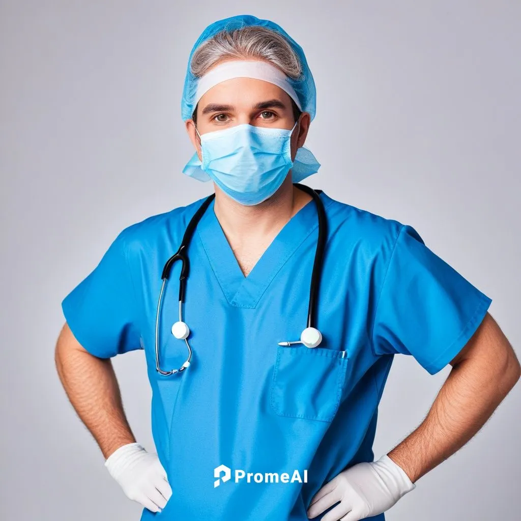 a man wearing scrubs is standing with his hands on his hips,anesthetist,anaesthetist,anesthesiologist,healthcare worker,surgical mask,anesthesiologists