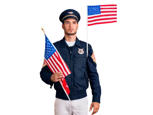 Independence Day, July 4th, American flag, waving in wind, blue sky, white clouds, fireworks exploding, patriotic atmosphere, solo male, strong jawline, determined eyes, wearing military uniform, hold