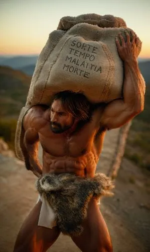 a muscular man carries a heavy stone on his back, he has a furry underwear,a shirtless man carrying a bag on his back,sandbag,strongman,bufferin,bodybuilding,musclebound,trenbolone,Photography,General