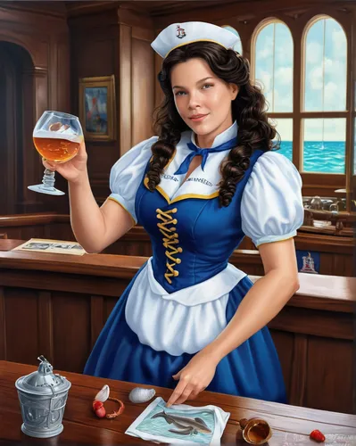 barmaid,the sea maid,bartender,female alcoholism,newcastle brown ale,delta sailor,paulaner hefeweizen,sailor,oktoberfest celebrations,waitress,woman drinking coffee,oktoberfest background,woman holding pie,stewardess,naval officer,oktoberfest,nurse uniform,cigarette girl,hostess,pub,Illustration,Realistic Fantasy,Realistic Fantasy 19