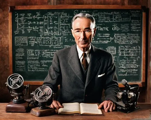 J. Robert Oppenheimer, 1940s style, atomic scientist, mature man, bespectacled, grey hair, wrinkled face, suit and tie, holding a blackboard, standing in front of a giant equation-covered blackboard, 