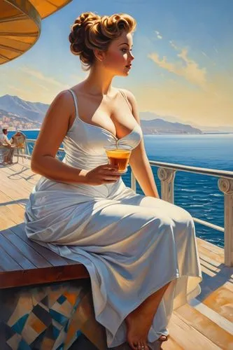 vettriano,girl on the boat,woman with ice-cream,hildebrandt,woman at cafe,woman drinking coffee,yachtswoman,donsky,italian painter,cyclades,pittura,mediterranee,palizzi,aperitif,nestruev,terrazza,holidaymaker,azamara,tretchikoff,photorealist,Conceptual Art,Sci-Fi,Sci-Fi 24