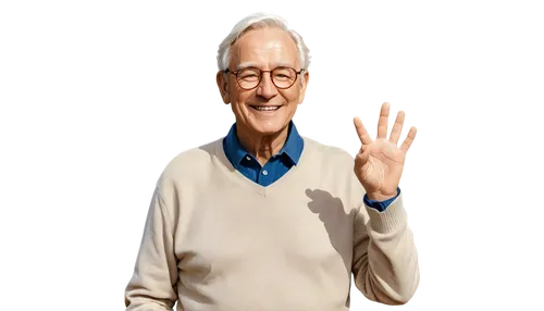 Deaf, sign language, elderly man, white hair, glasses, gentle smile, wrinkled hands, casual wear, beige sweater, dark blue jeans, warm lighting, soft focus, 3/4 composition, shallow depth of field, ci