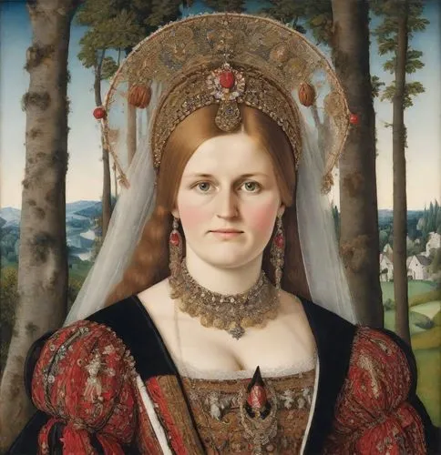 portrait of a noble woman, painting <class> Lucas Cranach the Elder “Judith” | on the head is a richly decorated and large wide-brimmed, horizontally asymmetrical red-brown headdress with slits and wh