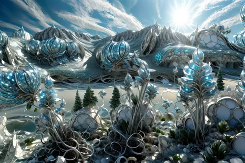 ice planet,ice landscape,hoarfrost,mandelbulb,ice crystals,fractal environment,ice flowers,ice crystal,crystalline,antarctic flora,ice castle,fractals art,salt meadow landscape,fantasy landscape,glaciers,frost,terraforming,water glace,futuristic landscape,glacier