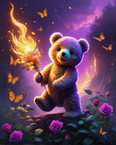 fire artist,cute bear,fire background,pyromaniac,rbb,fantasy picture,bebearia,dancing flames,bear teddy,puxi,pyrokinesis,beltane,campfire,fire dancer,bear,burning torch,flower animal,bearlike,bear guardian,bearmanor,Conceptual Art,Fantasy,Fantasy 12