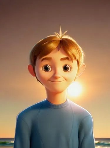 a man wearing a sweater with beach background, pixar like art style,cute cartoon character,animated cartoon,lilo,agnes,russo-european laika,marco,animated,cute cartoon image,main character,elf,noah,an