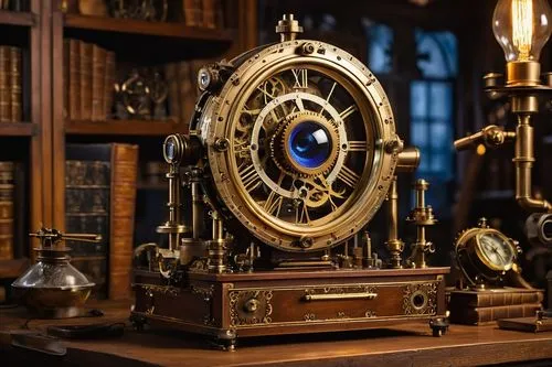 scientific instrument,clockmaker,astronomical clock,magnetic compass,grandfather clock,bearing compass,watchmaker,hygrometer,chronometer,steampunk gears,longcase clock,time machine,ship's wheel,orrery,steampunk,barometer,old clock,time traveler,clockwork,optical instrument,Illustration,Paper based,Paper Based 12