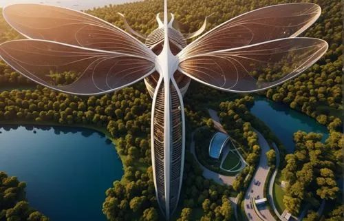 the futuristic building is surrounded by forest,skylon,futuristic architecture,sky butterfly,sky space concept,aurora butterfly,glass wing butterfly,Photography,General,Realistic