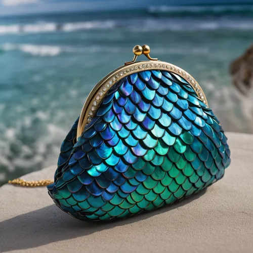 Create a purse with a mermaid tail-inspired design. The body of the purse should be sleek and metallic, resembling the scales of a mermaid's tail. Adorn the purse with sparkling jewels in various shad