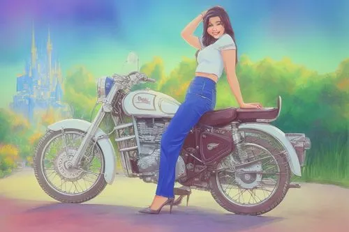 DISNEY, HIGH DEFINITION, COLOR 30,moped,motorbike,motorcycle,motor-bike,motorcycles,motorcyclist,bike,biker,woman bicycle,motorcycle racer,motorcycle tour,motorcycling,retro girl,world digital paintin