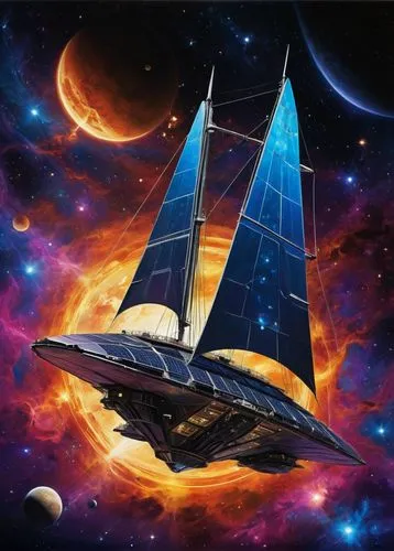 suspended in space, floating in space,  Metallic Braque ship, futuristic metal hull, with three or more masts and fore mast, mainmast and additional masts rigged square and only the aftmost mast rigge