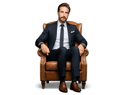 Figaro photo, mature man, solo, (35yo), handsome detailed face, short brown hair, beard, mustache, white shirt, black suit, tie, Rolex watch, confident posture, sitting on a luxurious leather chair, 3