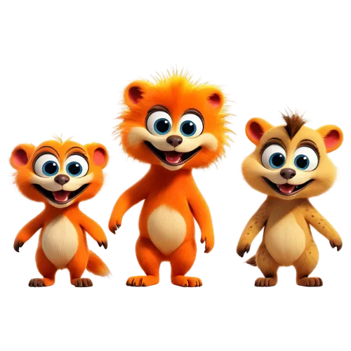 Funny cartoon animals, group, (6-8), colorful fur, big round eyes, smiling faces, silly postures, playful actions, varied species, jungle setting, vibrant colors, soft lighting, shallow depth of field