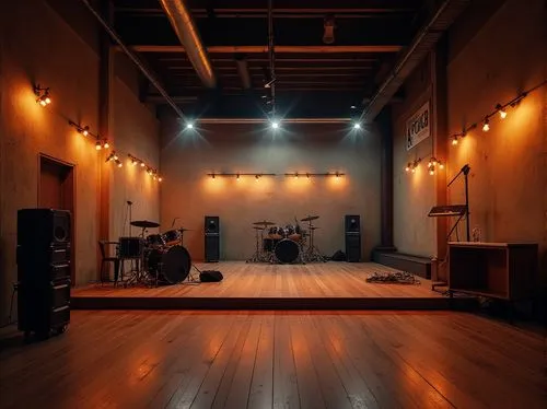 Minimalist music venue, empty space, industrial chic, concrete walls, exposed ductwork, dimmable LED lights, wooden floor, scattered audience seating, low-profile stage, minimalist sound equipment, bo