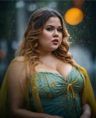 sehr fette frau,a girl with a wet, wavy hair and green dress stands in the rain,bbw,raining,bbw,dress,big boobed,full lips