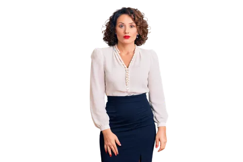 Mature lady, elegant, solo, (35yo), stunning facial features, subtle makeup, curly brown hair, pearl necklace, red lipstick, white blouse, black pencil skirt, high heels, luxurious atmosphere, soft fo