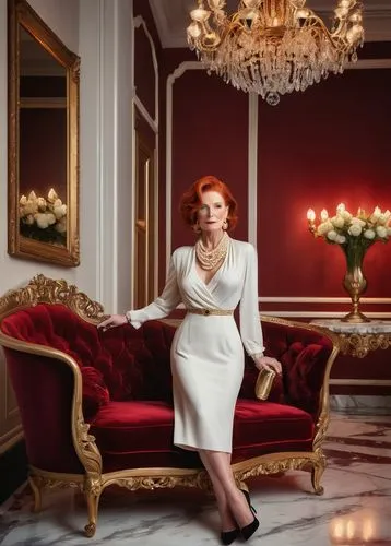 Crimson luxury villa, interior design, mature lady, elegant pose, red hair, pearl necklace, white dress, high heels, crimson walls, gold decorations, marble floors, grand chandelier, velvet sofa, orna