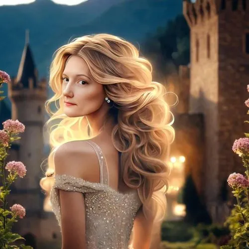 A beautiful castle,a woman in a dress with blond hair and pink flowers,celtic woman,rapunzel,aliona,hadise,edurne,fairytale,margaery,fairy queen,celtic queen,loboda,dalida,enchanted,enchanting,goodrem