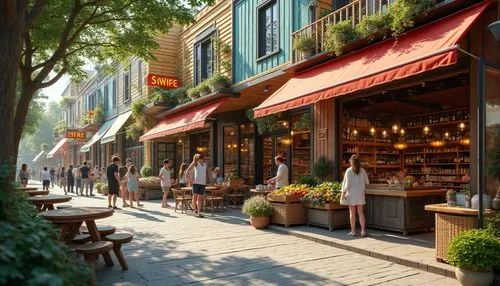 Suburban grocery store, eclectic style, colorful exterior walls, mixed material facade, wooden accents, vintage signage, retro-style lamps, bustling streetscape, afternoon sunlight, warm atmosphere, v